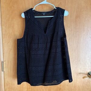 Lucky Brand Black Eyelet Sleeveless Top Blouse XL V-Neck Boho‎ Chic